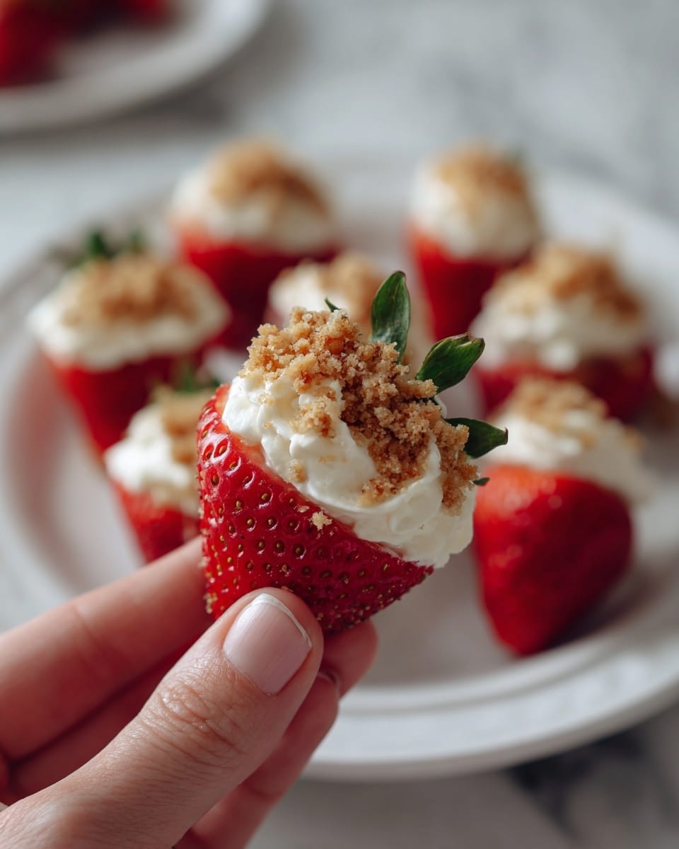 A close-up shows a woman's hand holding a red strawberry half topped with a thick layer of white cream and sprinkled with light brown crumbly topping. In the blurred background, more strawberry halves with the same white cream and crumb topping are arranged on a white plate over a white marbled surface. photo taken with an iphone --ar 4:5 --v 7