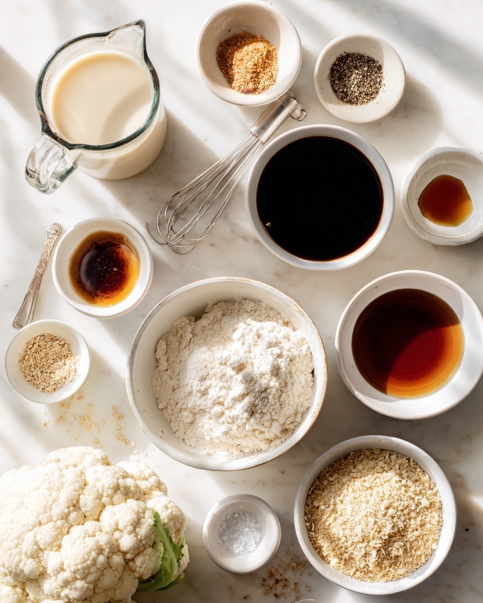 A top-down view of various small white bowls and a glass measuring cup filled with different cooking ingredients arranged on a white marbled surface; the glass measuring cup on the left holds a creamy almond milk, next to a white bowl full of light brown maple syrup and another white bowl containing very dark soy sauce, both at the top; in the center, a larger white bowl is filled with white flour, and nearby a small white bowl has coarse white sea salt, while another small bowl next to it holds finely ground black pepper, and a second small white bowl contains a powdery light brown ground ginger; to the bottom right, a large white bowl is filled with fine, light tan panko breadcrumbs; scattered around are small white bowls containing golden sesame seeds, a mixture of pale beige cornstarch and water with a tiny whisk inside, light tan garlic powder, crushed red pepper flakes, and a large whole cauliflower sits on the lower left; the whole scene is bright with natural light, creating soft shadows; photo taken with an iphone --ar 4:5 --v 7