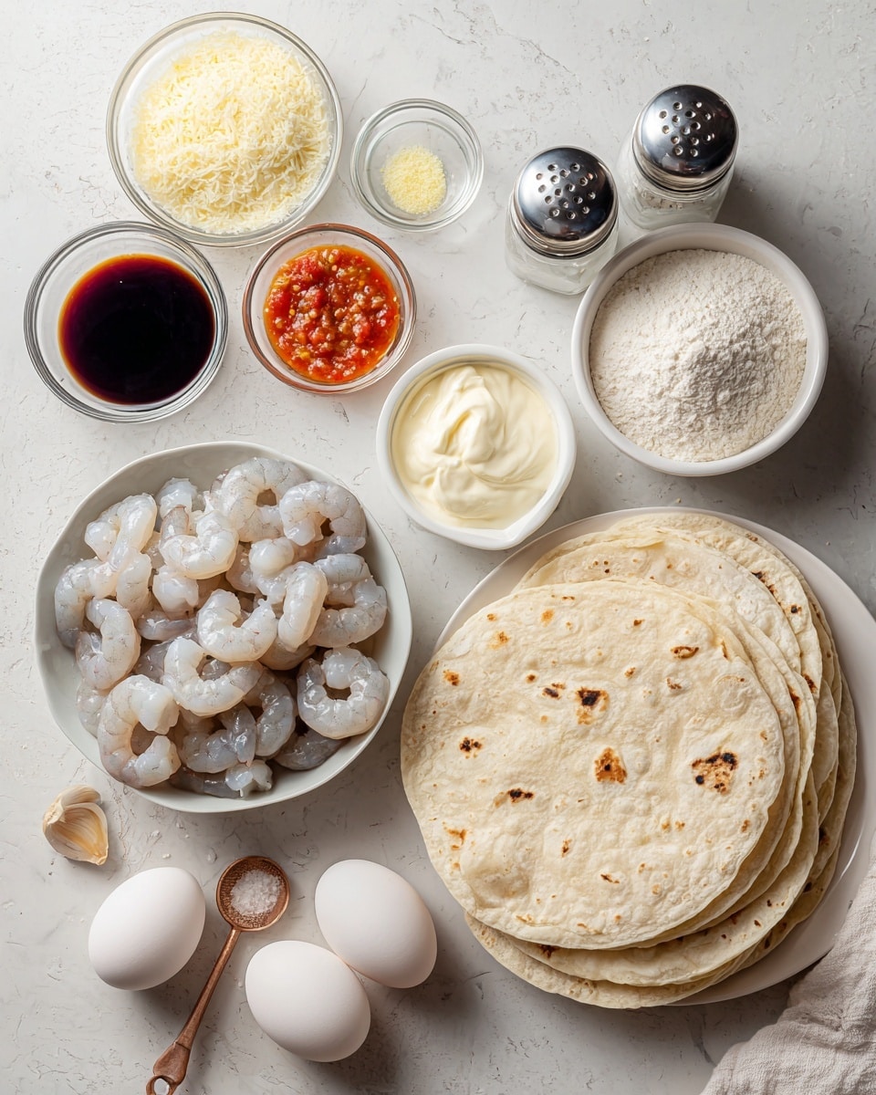 A flat lay of cooking ingredients is arranged on a white marbled surface. At the center bottom is a white bowl filled with raw shrimp having light gray and pinkish tones. To the right, there is a white plate stacked with soft flour tortillas showing subtle light brown spots. Above the tortillas is a small white bowl of creamy white mayonnaise. Next to it are two glass shakers filled with salt and pepper, both silver tops. To the left are small clear bowls with pale yellow garlic powder and peeled garlic cloves in light cream color. Above that, a white measuring cup with off-white panko breadcrumbs, showing a fluffy texture. On the left side, a glass measuring cup with dark soy sauce sits beside a small cup with bright orange-red sweet Thai chili sauce. Below this, a small white bowl contains white cornstarch, with a lime wedge giving light green and yellow hues at the bottom left. At the bottom left corner, a white egg carton holds four white eggs. Wooden measuring spoons with brass scoop heads lay next to the tortillas. The setup is bright and clean with a soft natural light. Photo taken with an iphone --ar 4:5 --v 7