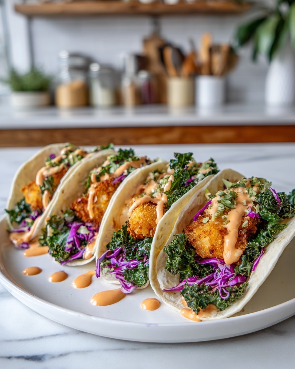 Four soft white tacos stand side by side on a white plate, each taco holding a crispy, golden fried filling topped with a light orange sauce. Underneath the filling is a mix of green leafy kale and thin strips of purple cabbage peeking out on the edges. The sauce is dripped lightly over the top and some rests on the plate. The background shows blurred kitchen items on a white marbled surface. photo taken with an iphone --ar 4:5 --v 7