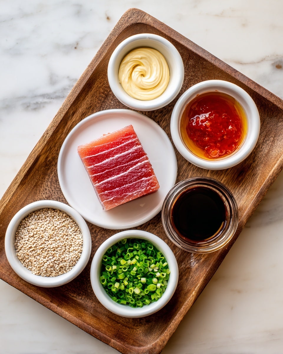 A wooden tray holds six small white ceramic bowls and one white plate arranged neatly on a white marbled surface. The white plate at the bottom center has a single thick raw tuna piece, pinkish red with distinct lines showing its fresh texture. Moving clockwise from the top left, the first bowl contains a swirl of pale yellow mayo, next to it is a bowl filled with bright red sriracha, followed by a glass bowl of dark tamari sauce with a rich, glossy texture. Below the tamari is a small white bowl with chopped green onions, vivid green and fresh looking. To the left is a tiny glass bowl with light amber sesame oil, and near the center left is a white bowl filled with small pale beige sesame seeds. Each ingredient is distinctly visible and arranged simply on the tray. Photo taken with an iphone --ar 4:5 --v 7