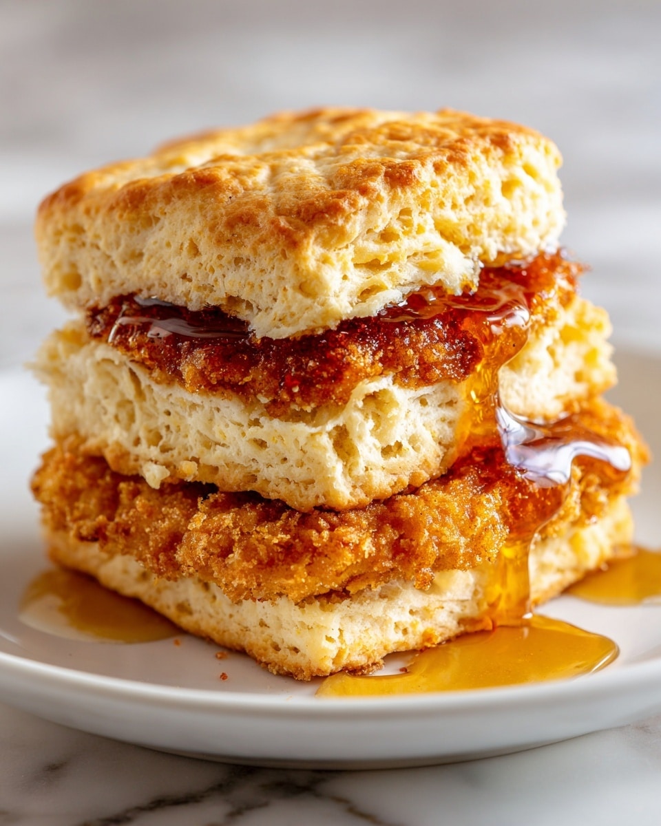 The image shows a close-up of a sandwich with two thick, golden-brown biscuit layers. The biscuit on top is slightly cracked and flaky, showing a soft texture inside. Between the biscuits is a crispy, fried patty that is deep golden and has a rough, crunchy surface. There is amber syrup dripping down the patty and pooling on a white plate underneath. The background is a white marbled texture. photo taken with an iphone --ar 4:5 --v 7