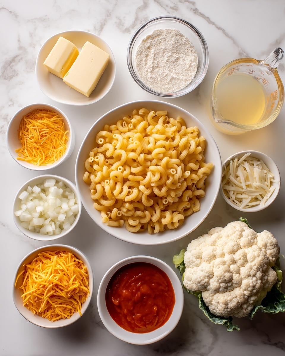 The image shows a top-down view of ingredients for cooking arranged neatly on a white marbled surface. In the center, a large white bowl is filled with dry elbow macaroni, which is yellow-orange and smooth. Around it, there are several small white bowls and cups, each holding different ingredients: one with pale yellow butter, another with white flour that has a powdery texture, a transparent glass measuring cup filled with light yellow chicken broth, and a clear glass cup with white almond milk. Near the bottom left, a small white bowl contains shredded bright orange cheddar cheese, next to it a white bowl holds chopped white onion pieces. To the right side, there is shredded white mozzarella cheese in a small white bowl, and a whole head of cauliflower with white florets and green leaves is placed on the surface. In the middle bottom, there is a glass bowl with vivid red-orange buffalo sauce. All the items are spaced evenly, with labels on top of each ingredient. Photo taken with an iphone --ar 4:5 --v 7