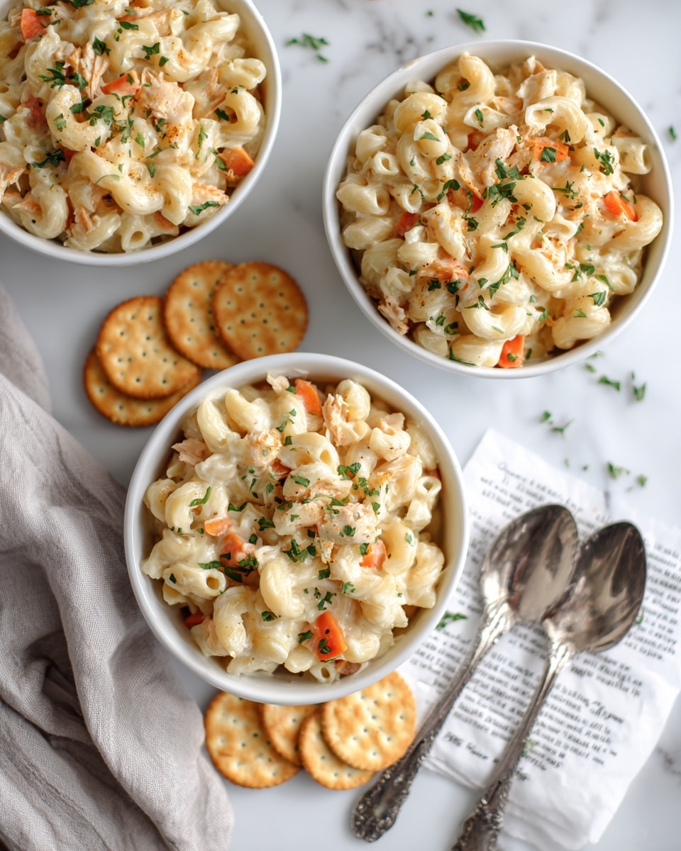 The image shows three white bowls filled with creamy macaroni and cheese mixed with small pieces of chicken and orange carrot slices. Each bowl is topped with a sprinkle of chopped green herbs. Around the bowls are several round, golden crackers, some leaning inside the bowls. One bowl is placed on a piece of white paper with printed text, with a silver spoon beside it. The background is a white marbled texture, and a soft light gray cloth partially covers part of the surface, adding a cozy feel to the setup. photo taken with an iphone --ar 4:5 --v 7