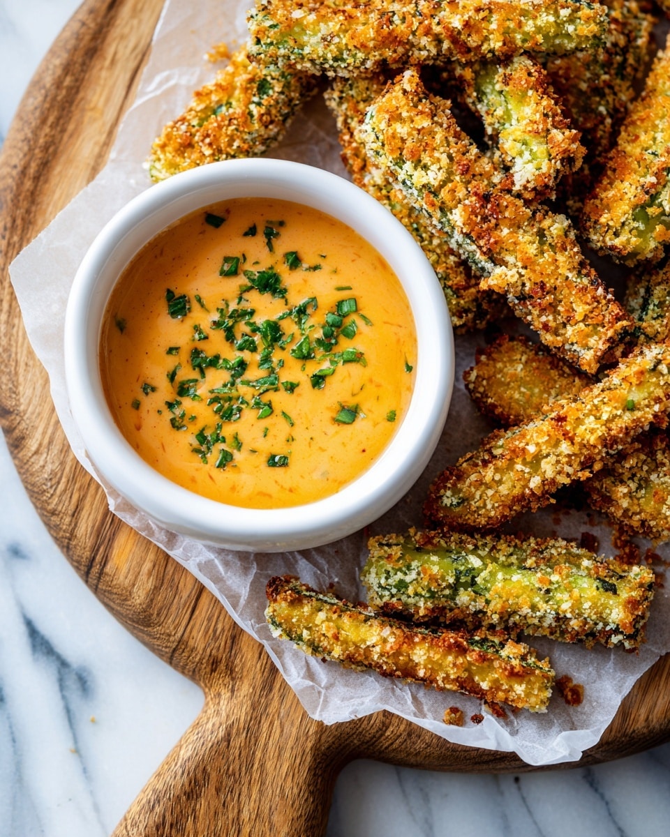 A white bowl filled with creamy, light orange dipping sauce sits on a wooden board covered with a sheet of parchment paper. Surrounding the bowl are multiple golden-brown, crispy fried sticks with a rough, crumbly texture, showing a darker green inside where the coating is thinner. The wooden board rests on a white marbled surface. photo taken with an iphone --ar 4:5 --v 7