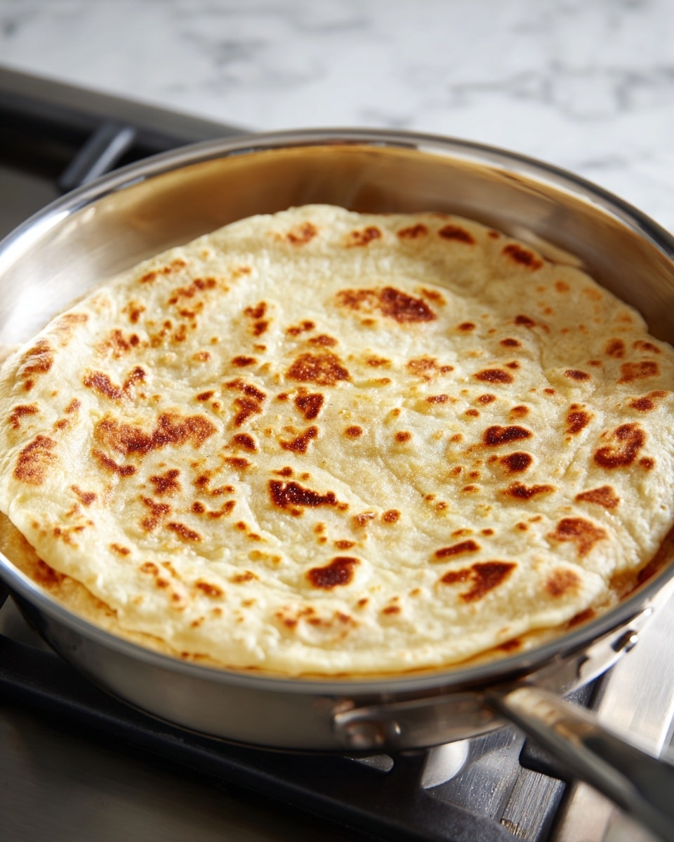 A close-up view of a round flatbread cooking in a shiny silver pan on a stovetop. The flatbread is golden with darker brown spots on its surface, showing a lightly crispy texture. The pan has a reflective finish and is placed on a metal burner with visible grates beneath it. The background is a white marbled surface with soft lighting. photo taken with an iphone --ar 4:5 --v 7