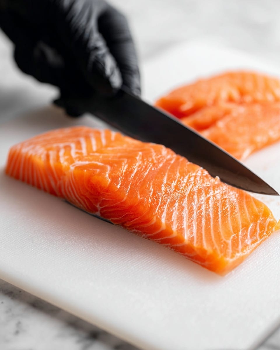 A close-up image shows a piece of bright orange fish fillet sliced into thin, uniform slices with visible texture lines and a slightly shiny surface. The fish lies flat on a white cutting board which is placed on a white marbled surface. A pair of black-gloved woman's hands are holding a sharp black knife, carefully slicing through the fish with precision. The overall look is clean and focused on the freshness and detail of the sliced fish photo taken with an iphone --ar 4:5 --v 7