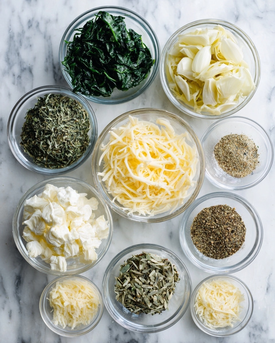 The image shows eight small clear glass bowls placed on a white marbled surface. Each bowl contains a different ingredient: one bowl is full of fresh chopped green spinach leaves; another bowl holds pale yellow chopped artichoke hearts; there is a bowl with a white creamy cheese; one bowl is filled with shredded light yellow parmesan cheese; two bowls contain dried spices, one with greenish oregano and the other with dark specks of salt and pepper; one bowl has a small amount of minced light yellow garlic; and the last bowl contains dried spinach flakes. Each ingredient is clearly labeled with black text above or beside each bowl. Photo taken with an iphone --ar 4:5 --v 7