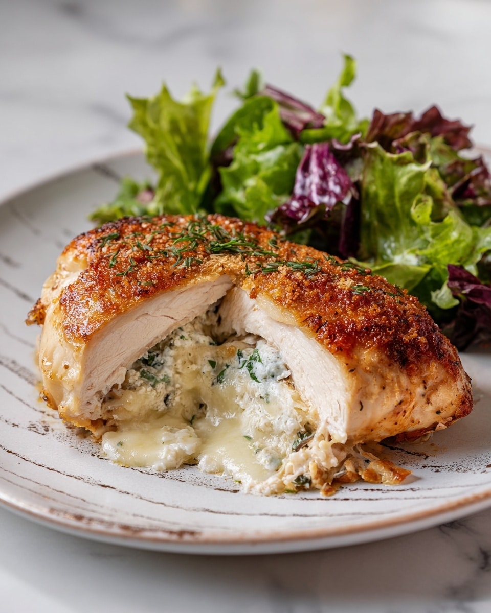 The dish shows a single golden brown stuffed chicken piece with a lightly crispy and seasoned top layer. The middle layer shows creamy white and green filling, likely cheese and herbs, oozing from the sliced part of the chicken. On the right side of the chicken, there is a fresh salad made of green and purple lettuce leaves with a light sheen. The food sits on a white plate with a subtle irregular circular pattern on a white marbled surface. Photo taken with an iphone --ar 4:5 --v 7