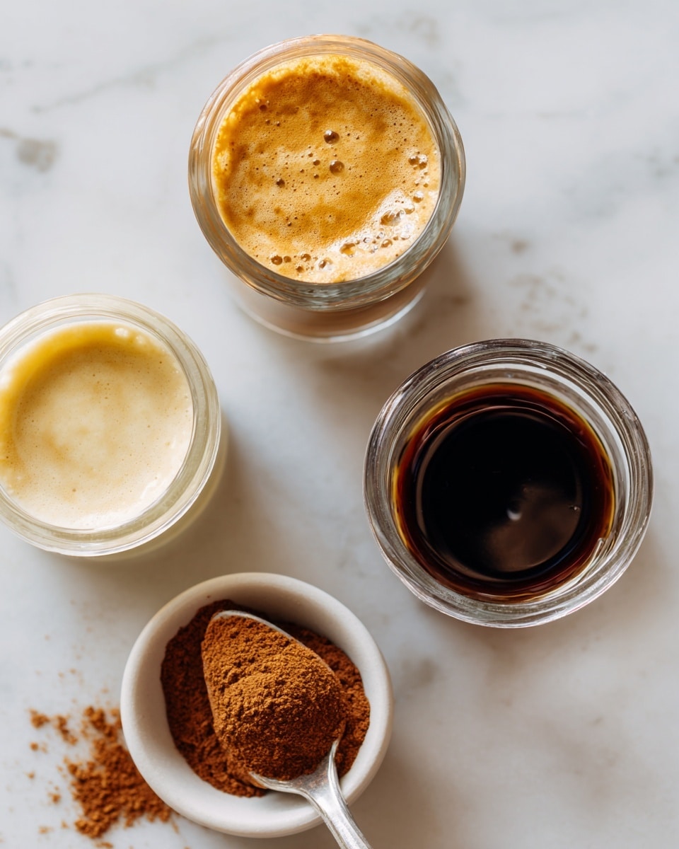 The image shows four small containers on a white marbled surface: a clear glass cup filled with light brown espresso topped with foam at the top center, a clear glass cup with cream-colored oat milk on the left, a small clear glass cup with dark brown syrup on the right, and a small white bowl filled with fine brown cinnamon powder at the bottom left with a spoon resting inside the bowl, holding some cinnamon powder. photo taken with an iphone --ar 4:5 --v 7