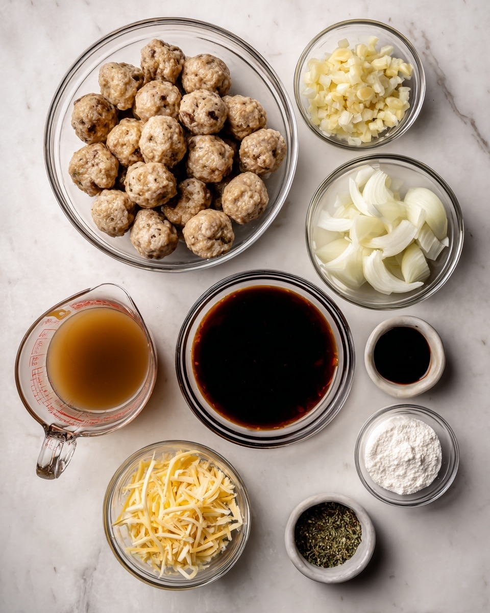 The image shows nine clear glass bowls on a white marbled surface, each holding different ingredients. The largest bowl at the top left is filled with many small, round, lightly browned meatballs that have a slightly rough texture. To the right, a smaller bowl contains finely chopped garlic with a pale yellow color. Below that, a medium bowl holds a dark brown sauce with visible onion pieces. In the bottom left, there is a large glass measuring cup filled with a light brown broth. Next to it is a bowl with yellow shredded cheese. Above that, a bowl contains medium-sized pieces of white onion. At the bottom center is a small bowl with dark soy sauce. To the right are two tiny bowls, one with black pepper and the other with dried green herbs. Finally, a small bowl at the bottom right holds white powdered starch. photo taken with an iphone --ar 4:5 --v 7