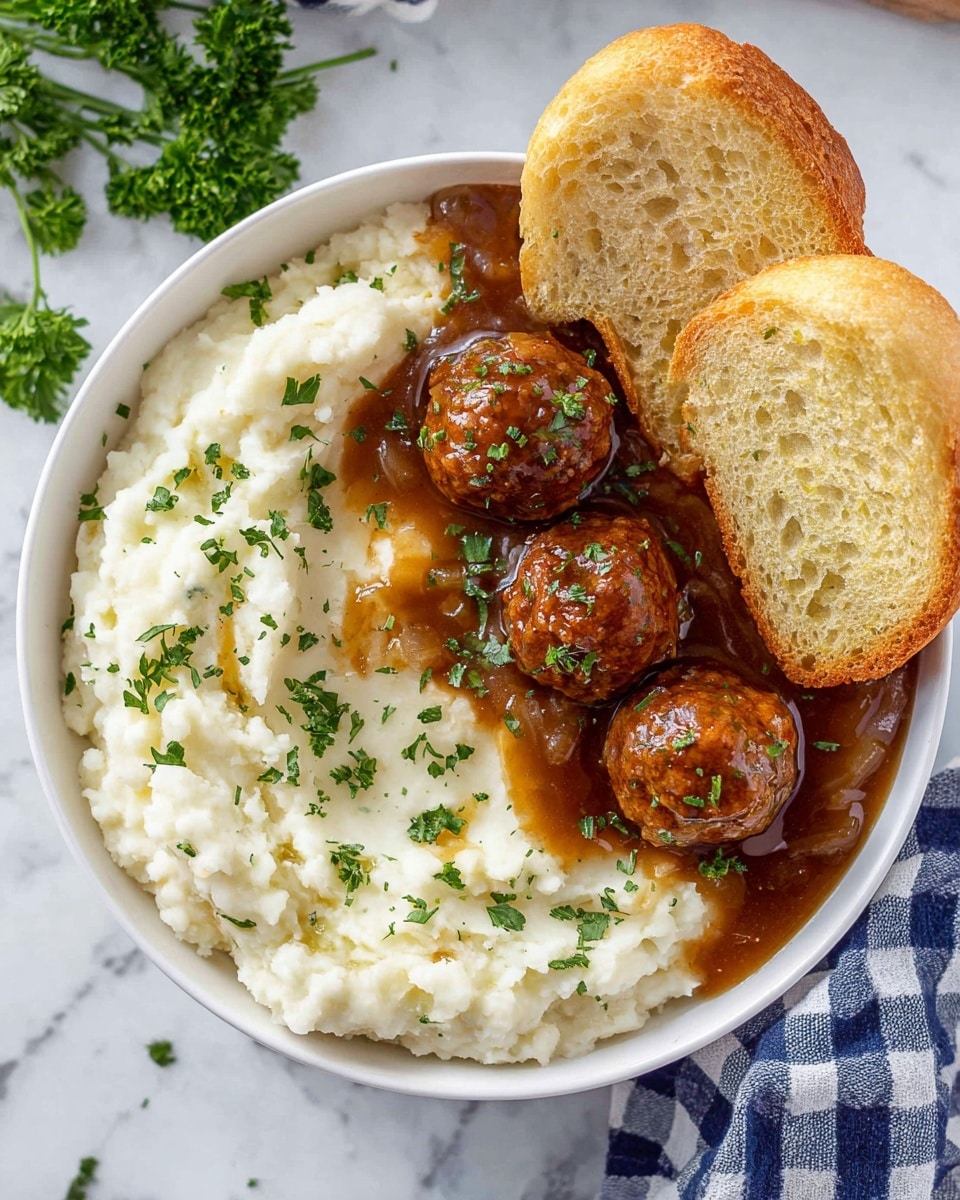 A white round bowl filled with three layers: the bottom layer is smooth, fluffy white mashed potatoes, the middle layer is brown meatballs coated in a glossy brown onion gravy with visible soft onion slices, and the top layer is sprinkled with small fresh green parsley pieces. On the right side of the bowl, two pieces of lightly toasted bread with a golden crust rest against the mashed potatoes and meatballs. The bowl sits on a white marbled surface with some fresh parsley and a blue and white checkered cloth partially visible nearby. Photo taken with an iphone --ar 4:5 --v 7