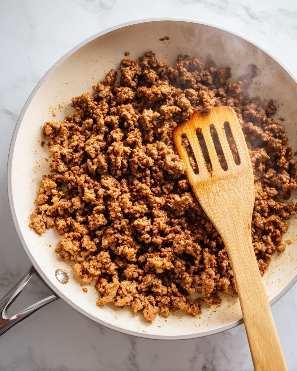 The image shows a close-up of one layer of cooked ground beef inside a white pan. The ground beef is broken into many uneven small chunks with a rough texture and a mix of brown colors indicating it is cooked. A light brown wooden spatula with three holes is partially under the ground beef on the right side. Some steam rises slightly from the dish, giving a warm, fresh-cooked feel. The pan is on a white marbled surface. photo taken with an iphone --ar 4:5 --v 7
