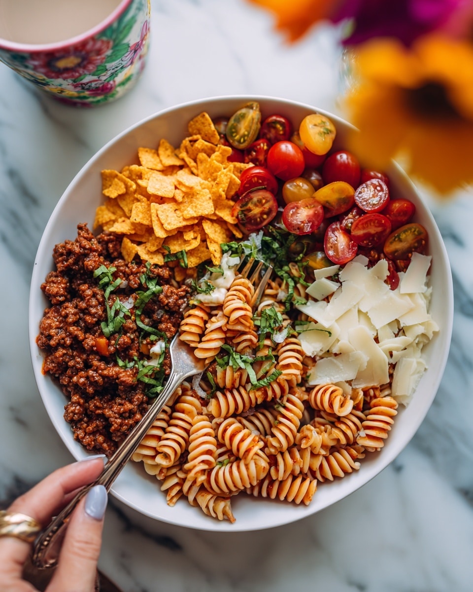 A close-up of a bowl filled with three main layers: the bottom layer is spiral pasta coated in a reddish sauce, the middle layer consists of browned ground meat mixed evenly with the pasta, and the top layer includes halved cherry tomatoes, small green herbs, thin yellow cheese slices, and crumbled orange chips scattered over. A fork is lifting a forkful from the bowl, held by a woman's hand. The bowl is white and sits on a white marbled surface, with a blurred colorful background including a floral cup. photo taken with an iphone --ar 4:5 --v 7