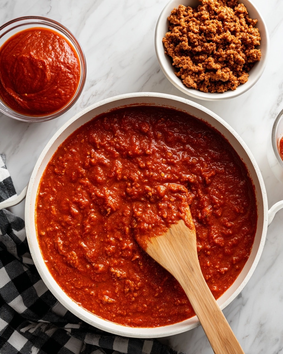 The image shows a white pan filled with thick, chunky tomato sauce that has a red-orange color and visible small tomato pieces. A wooden spatula rests inside the sauce, slightly submerged on the right side. Above the pan, there is a small white bowl filled with cooked ground meat that is crumbly and brown. To the left of the bowl is a small glass bowl with smooth, bright red tomato paste. The whole arrangement is on a white marbled surface, with a black and white checkered cloth partially visible on the bottom left. photo taken with an iphone --ar 4:5 --v 7