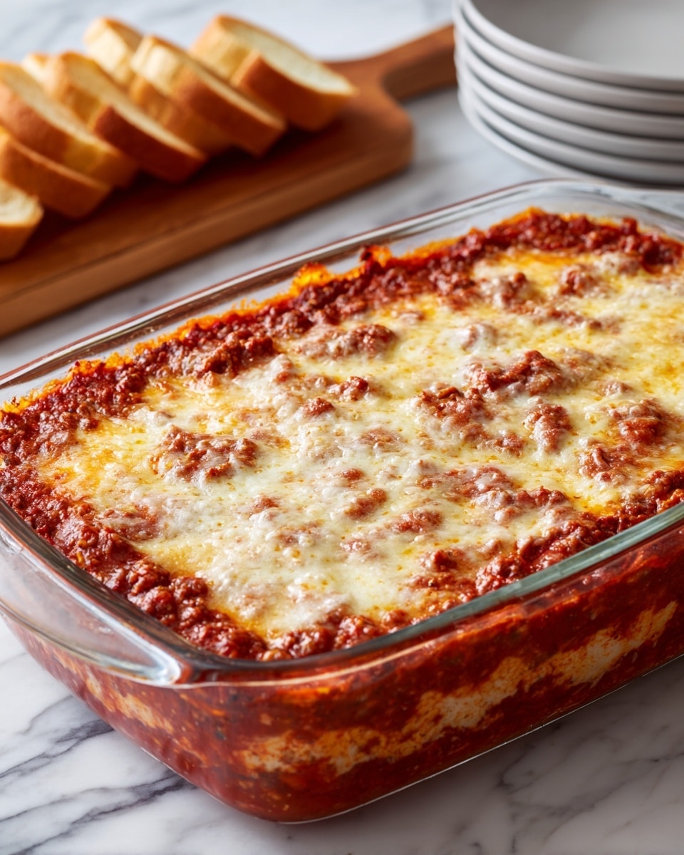 A clear glass baking dish contains a three-layered dish. The bottom layer is thick with a deep reddish-brown meat sauce that has a chunky texture. Above that is a slightly lighter reddish layer mixed within the meat sauce. The top layer is a smooth, melted cheese blend with golden-yellow and white colors scattered evenly across the surface. The baking dish sits on a white marbled surface, with a wooden board holding slices of light toasted bread blurred in the background and a stack of white bowls to the right. Photo taken with an iphone --ar 4:5 --v 7