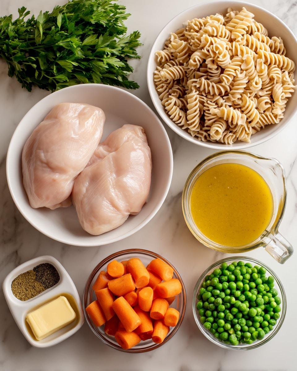 A white bowl on the left holds two pieces of raw chicken, light pink and smooth. Next to it on the right, another white bowl is filled with beige, uncooked noodles with a dry texture. Behind the bowls is a bunch of fresh green parsley with leafy shapes. In front of the bowls, there is a clear glass measuring cup filled with golden-yellow broth. Below this, a small round container holds bright yellow thick sauce. To the left, a small white dish contains three different dry spices in green, yellow, and black colors. Moving down, a wrapped stick of butter lies flat, and next to it is a white bowl filled with sliced carrots in orange rounds. Lastly, another small round clear bowl in the lower right corner holds fresh green peas. All are placed on a white marbled surface. photo taken with an iphone --ar 4:5 --v 7
