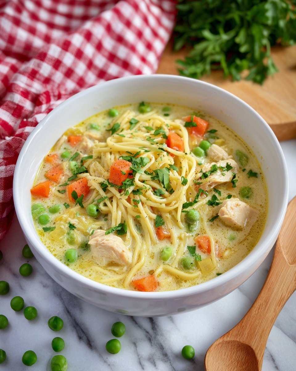 A white bowl filled with creamy noodle soup layered with small chunks of light orange carrots, bright green peas, and pieces of tender light yellow chicken, all mixed within thick pale yellow creamy broth. Finely chopped fresh green herbs are sprinkled on top, adding a touch of color and freshness. The bowl sits on a wooden surface with some loose green peas scattered around, and a pale wooden spoon is placed beside the bowl. In the background, there is a red and white checkered cloth with some green leafy garnish partially visible. The whole scene is set on a white marbled textured surface. Photo taken with an iphone --ar 4:5 --v 7