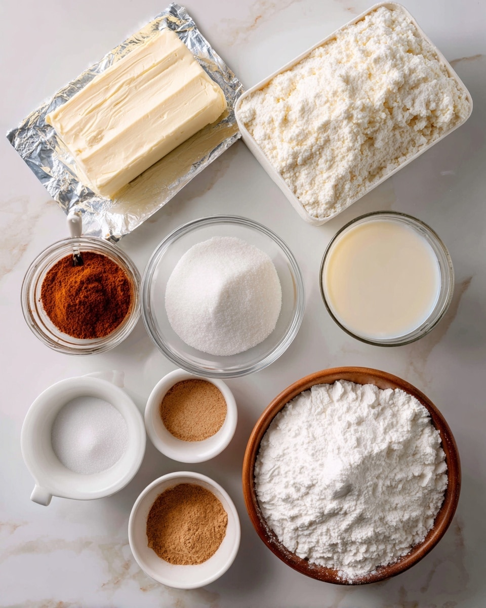 The image shows several cooking ingredients arranged on a white marbled surface, each labeled with black text. In the top left, an unwrapped block of cream cheese sits on shiny foil. To the right, there is a white rectangular cake mix box for vanilla cake with some powder spilled on the surface. Below the cream cheese, in a clear glass bowl, is a block of butter. Next to it is a small glass jar filled with reddish-brown cinnamon powder, and a small spoon inside. Below the cinnamon is a white small bowl labeled for clear vanilla. To the right is an opened can showing creamy sweetened condensed milk. On the lower left is a white bowl holding half and half liquid. Bottom center has a larger wooden bowl filled with white powdered sugar, its texture fluffy and soft. Bottom left is a clear bowl with light brown soft brown sugar. The photo was taken with an iphone --ar 4:5 --v 7