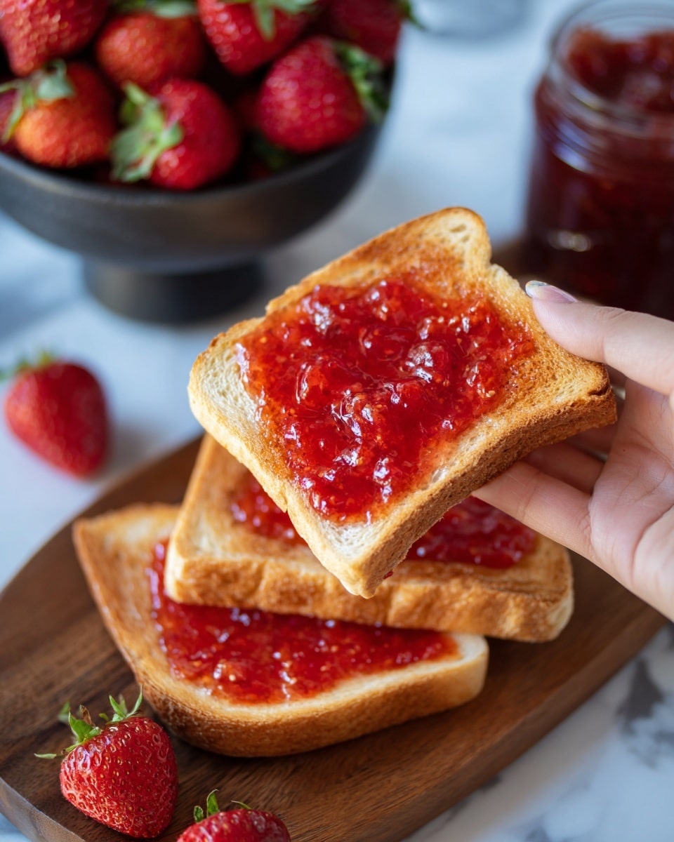 A close-up image shows a pale hand holding a slice of toasted bread with a light golden brown crust, spread unevenly with bright red chunky strawberry jam that has visible pieces of fruit. Two other slices of toasted bread lie flat on a wooden board beneath it, also covered with the same chunky strawberry jam, one slice in the foreground and one behind. In the background, a dark bowl filled with fresh, whole strawberries with green leaves is slightly out of focus. Another dark container, possibly holding more jam, is partially visible to the right. The surface beneath is white marble. photo taken with an iphone --ar 4:5 --v 7