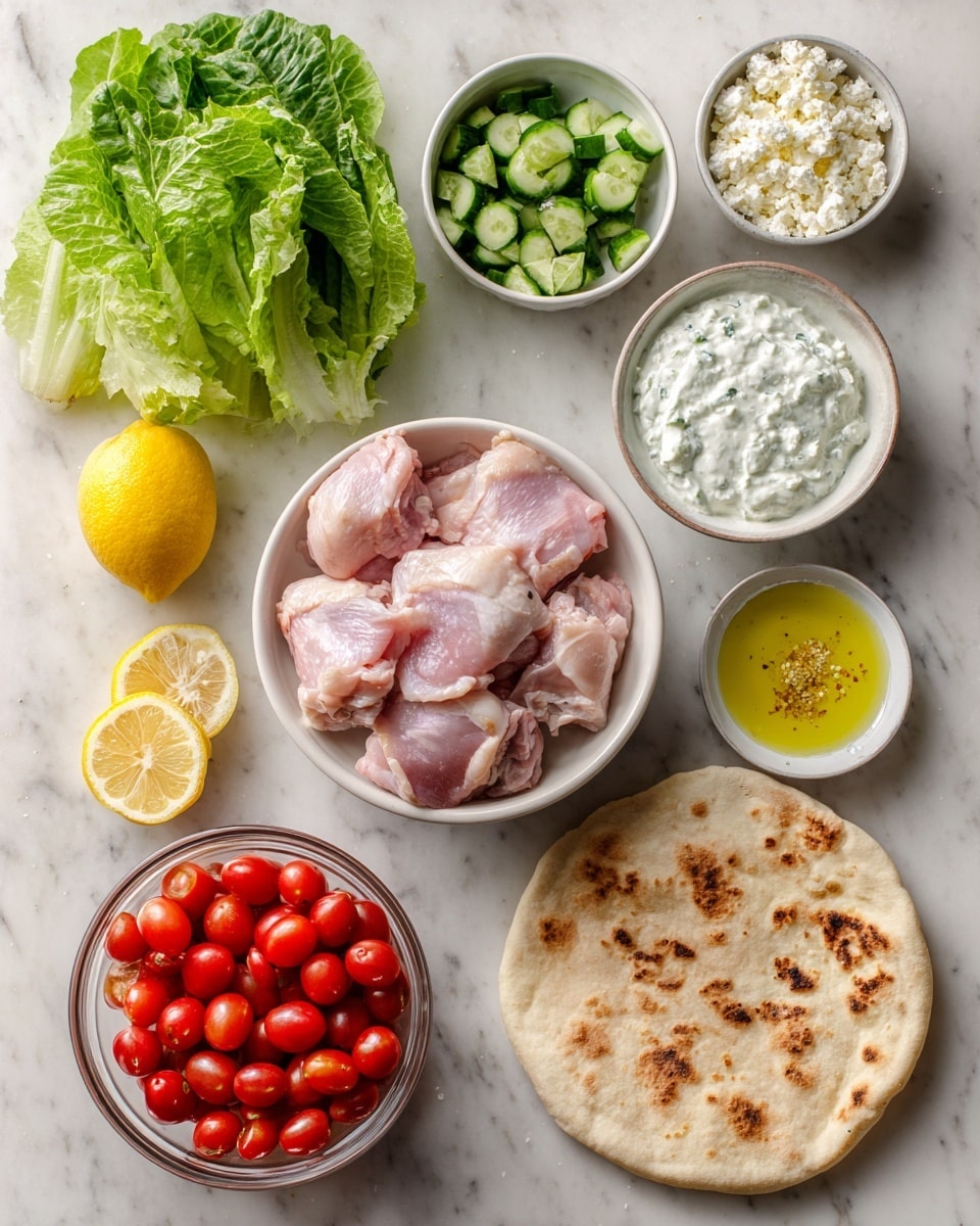 The image shows a variety of fresh ingredients arranged neatly on a white marbled surface. In the center, there is a white bowl filled with raw pink chicken thighs. Surrounding it are small white bowls with crumbled white feta, chopped green cucumber, minced garlic, and golden olive oil. To the bottom left, a glass bowl holds bright red cherry tomatoes. Two lemon halves sit to the left side of the frame. At the top, a bunch of green leafy lettuce is visible, and at the bottom right, a whole round pita bread with a slightly toasted light brown pattern rests flat on the surface. A small bowl of creamy white tzatziki sauce is also present near the pita. Photo taken with an iphone --ar 4:5 --v 7