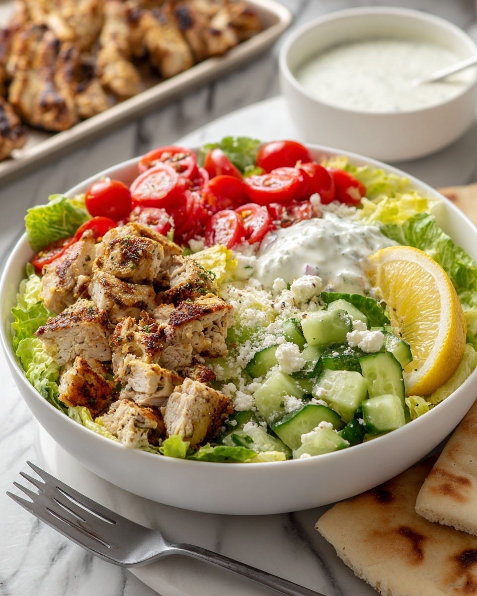 A white round bowl holds a fresh salad with several layers: a base of bright green lettuce covers the bottom, topped with slices of red cherry tomatoes on the left side and diced green cucumber pieces on the right. In the middle, there are seasoned cooked pieces of brown grilled chicken, sprinkled with white crumbly cheese around the edges. A scoop of white creamy sauce sits on the lettuce near a yellow lemon wedge at the bottom right. The bowl is placed on a white marbled surface with a metal fork inside, and a piece of flatbread is partially visible at the bottom. In the background, there is a tray with more grilled chicken and a small white bowl of white sauce. Photo taken with an iphone --ar 4:5 --v 7