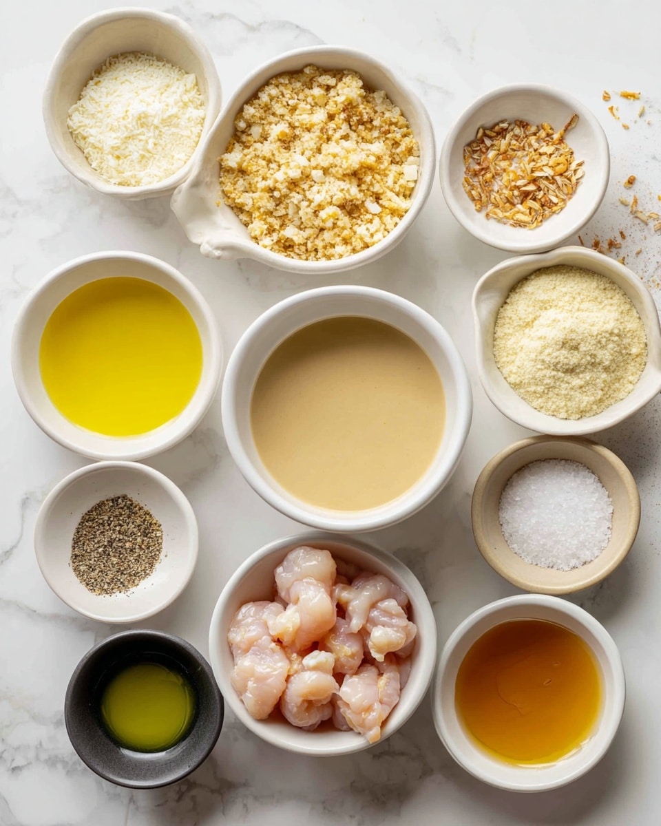 Several small white bowls with different ingredients are arranged on a white marbled surface. In the center is a bowl of smooth light beige sauce. Around it, there is a bowl of bright yellow olive oil, a bowl of light brown crushed pretzels, and a bowl of white flour or powder. Another bowl holds pale yellow panko crumbs. There is a bowl with raw pale pink chicken pieces, and two smaller bowls contain crushed garlic and grainy mustard. One more bowl holds a mix of salt, black pepper, and a light brown seasoning. Lastly, a small black bowl has a greenish liquid, and a white bowl near the bottom contains a golden honey-like liquid. photo taken with an iphone --ar 4:5 --v 7