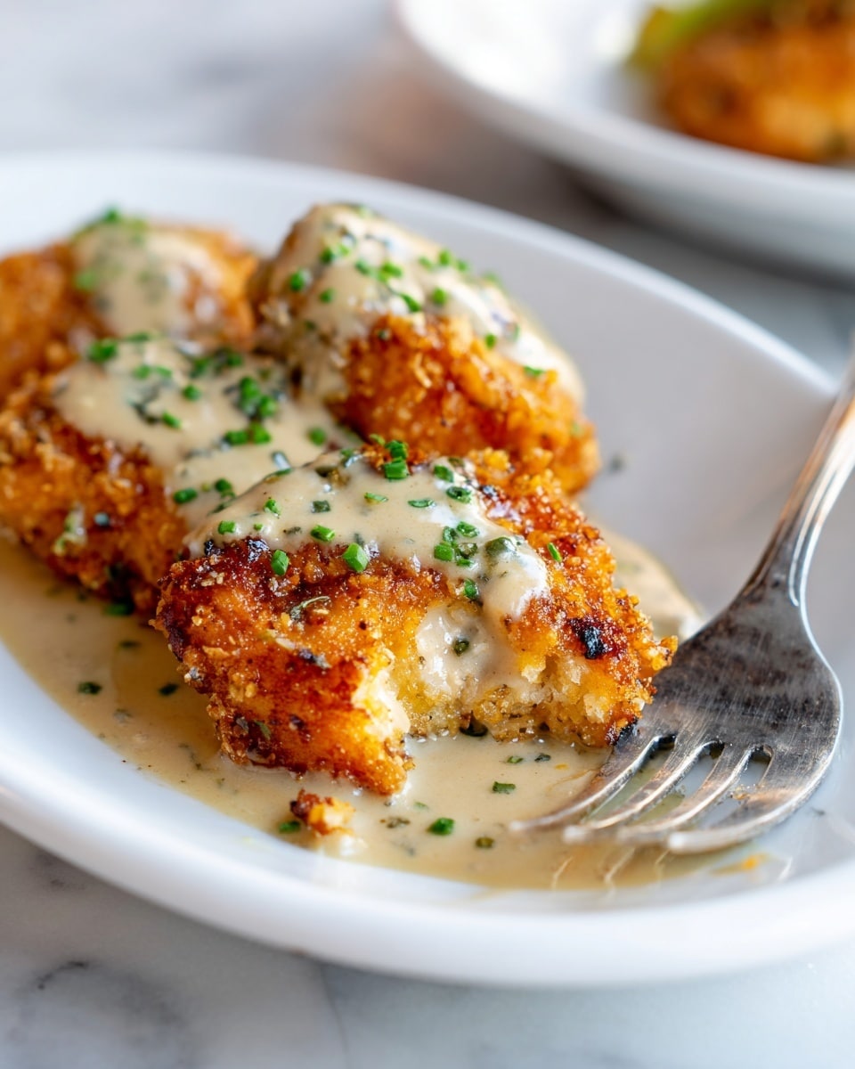 A close-up of a piece of golden brown crispy fried food with a rough texture coated in small crunchy bits, covered with a light brown creamy sauce that has small green herb flakes sprinkled on top. The food is on a white oval plate placed on a white marbled surface, with part of another plate blurred in the background. A silver fork rests on the right side of the plate with a piece of the food slightly broken off underneath it. photo taken with an iphone --ar 4:5 --v 7