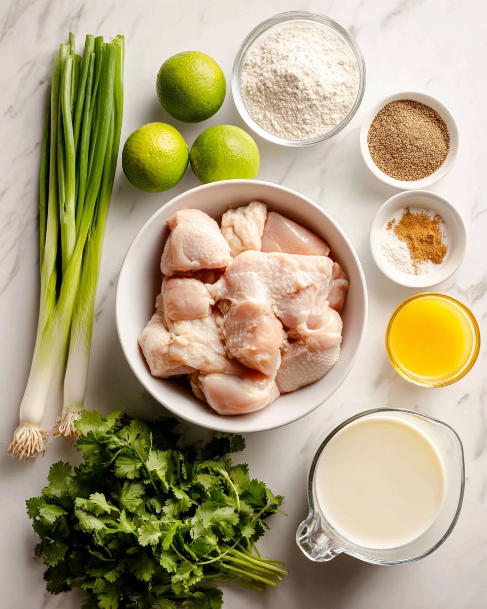 A white bowl in the center filled with several raw chicken pieces that are light pink with a smooth texture. Around the bowl are small white dishes and glass containers holding different ingredients: to the left, three green onions with white bases and dark green tops, two bright green limes, a small white bowl of brown coriander seeds, a white bowl of light beige garlic powder, and a white bowl with brown coconut sugar powder; to the right, a glass measuring cup with yellow broth, another glass cup filled with white milk, and small white bowls containing white flour and light yellow coconut oil. Below the bowl is a fresh bunch of bright green cilantro. All items are placed on a white marbled surface. Photo taken with an iphone --ar 4:5 --v 7