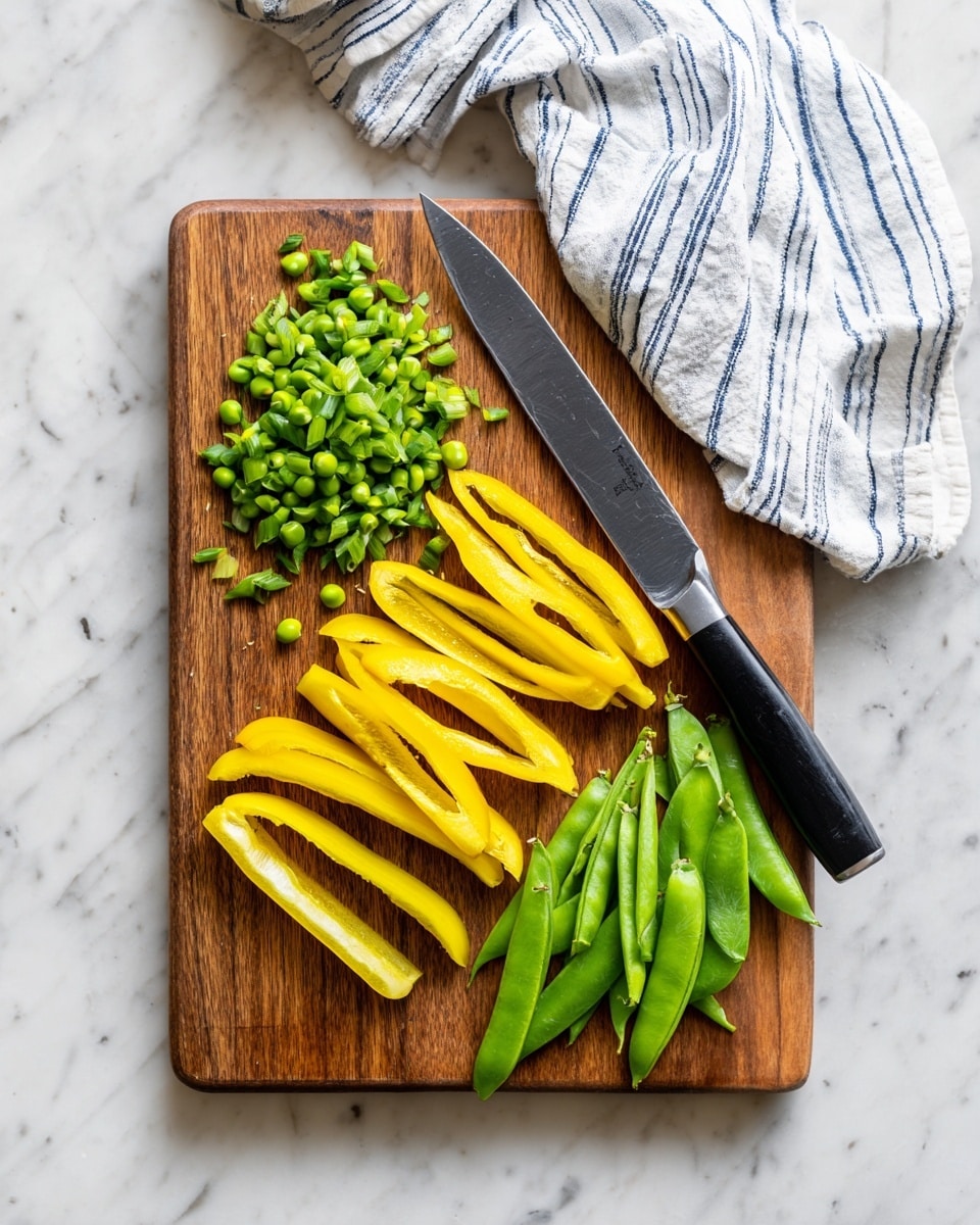 A wooden cutting board sits on a white marbled surface with chopped green snap peas scattered on the left side and whole snap peas on the bottom right. On the center of the board are seven thin slices of bright yellow bell pepper arranged loosely in a row. A sharp kitchen knife with a black handle rests diagonally on the right side of the board. Above the board, a white and blue striped cloth is draped casually. Photo taken with an iphone --ar 4:5 --v 7