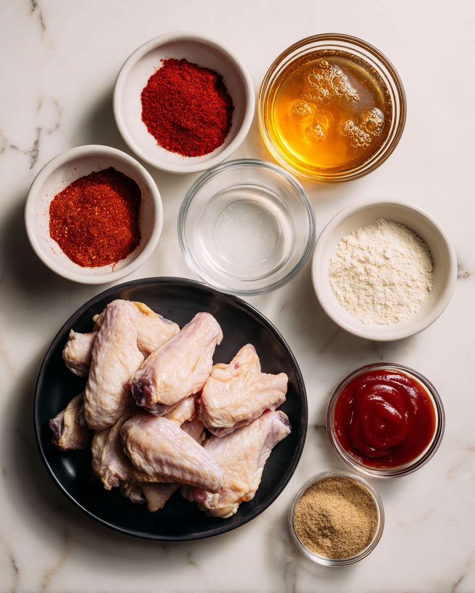 The image shows a top view of several small white bowls and one black plate arranged on a white marbled surface. The black plate in the lower left contains raw chicken wings with a pale pink color and skin texture. Surrounding this plate are various white bowls with spices and sauces: in the top left a bowl holds bright red paprika powder; next to it on the right is a clear glass bowl filled with thick amber honey with bubbles; to the right of honey is an empty clear bowl labeled vinegar; below vinegar on the right is a white bowl with fine off-white garlic powder; below and to the right is another white bowl with deep red cayenne pepper; near the center bottom there’s a white bowl with light beige onion powder; a small clear bowl on the bottom right contains coarse brown sugar; and on the bottom left is a clear bowl filled with thick, glossy deep red ketchup. Each item is neatly placed with space around it for clear visibility. Photo taken with an iphone --ar 4:5 --v 7