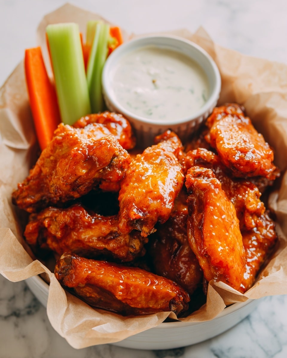 A white bowl lined with light brown parchment paper holds a pile of glossy, deep orange glazed chicken wings arranged in the center with visible texture from the sauce. Behind the wings, there is a small white round cup filled with creamy white dip. To the left of the cup, a few baby carrots and celery sticks add bright orange and green colors. The bowl sits on a white marbled surface. photo taken with an iphone --ar 4:5 --v 7