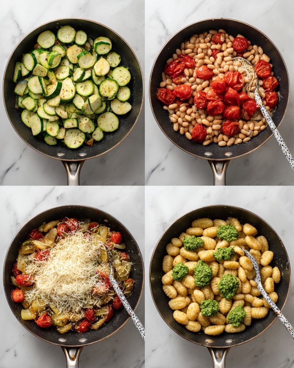 The image shows four steps of cooking gnocchi pasta with vegetables in a black pan on a white marbled surface. Step one has one layer of sliced green zucchini and halved red cherry tomatoes with a shiny wet texture spread across the pan. Step two adds a layer of light beige beans mixed with the zucchini and tomatoes filling the pan more fully. Step three shows the gnocchi added, thick, pale yellow with grooves, mixed well with the vegetables and beans, creating a textured colorful mix. Step four has the gnocchi dish topped with grated white cheese and green dollops of pesto sauce, with a black and white speckled spoon stirring the layers. photo taken with an iphone --ar 4:5 --v 7