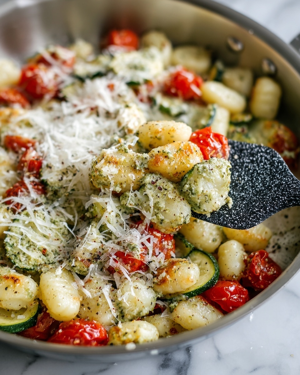 A close-up of a pan filled with three layers: the bottom layer is small gnocchi pasta with a light golden color, mixed with slices of light green zucchini and pieces of red tomatoes. The middle layer shows dollops of green pesto sauce spread unevenly on the pasta and vegetables. The top layer has a generous amount of finely grated white cheese covering the dish and some black pepper sprinkled on top. A black and white speckled spatula is lifting some of the gnocchi from the pan, all set on a white marbled surface. photo taken with an iphone --ar 4:5 --v 7