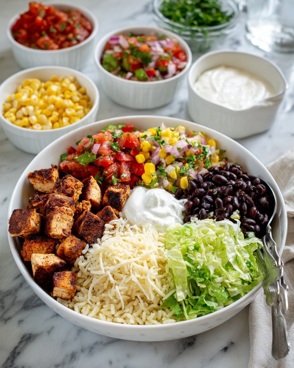 In a white bowl on a white marbled surface, there are six visible layers arranged side by side: at the bottom left, charred cubes of brown grilled chicken; next to it, light yellow rice speckled with small green herbs; to the right, a scoop of black beans; beside the beans, a small pile of white shredded cheese; behind the cheese and chicken, a colorful layer of bright red diced tomatoes mixed with green herbs; in front of the tomatoes, a mix of yellow corn, pale green diced peppers, and red onions; fresh light green shredded lettuce is placed at the front right. A dollop of white sour cream is nestled between the lettuce and the tomato layer. In the back are small white bowls containing more black beans, tomato salsa, corn salad, and sour cream. A metal spoon rests inside the bowl on the right side. photo taken with an iphone --ar 4:5 --v 7