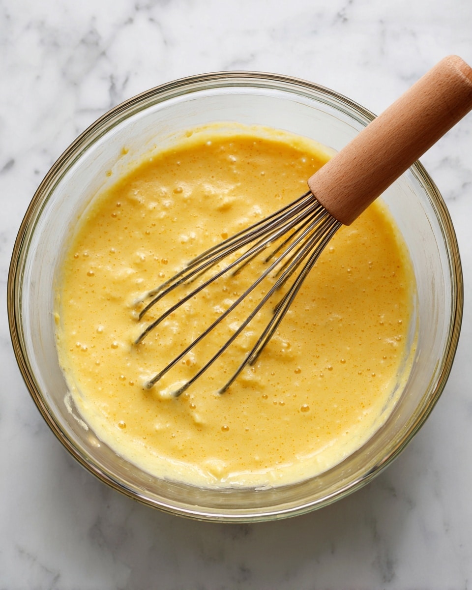 A clear glass bowl holds a thick, yellow batter with small lumps, giving it a slightly rough texture. A metal whisk with a wooden handle rests inside the bowl, partially immersed in the batter. The batter shows some light bubbles on the surface and has a creamy look with uneven bits. The bowl is placed on a white marbled surface. The photo was taken with an iphone --ar 4:5 --v 7