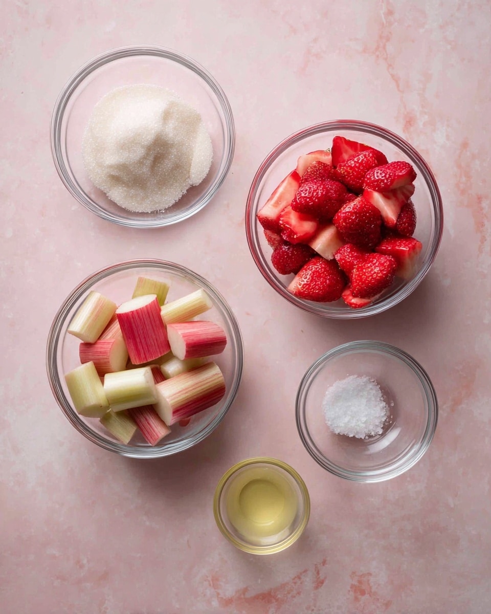 The image shows five small clear glass bowls placed on a soft pink surface with a white marbled texture. The top right bowl is filled with bright red and white sliced strawberries with a juicy texture. The bottom left bowl contains light pink and white sliced rhubarb pieces with a fibrous texture. The top left bowl holds a mound of white granulated sugar with a smooth surface. Between these bowls, there are two very small clear glass bowls; one contains a pale yellow liquid, and the other has a small amount of white granulated salt. The arrangement is neat and clean, with each bowl spaced evenly around the center. photo taken with an iphone --ar 4:5 --v 7