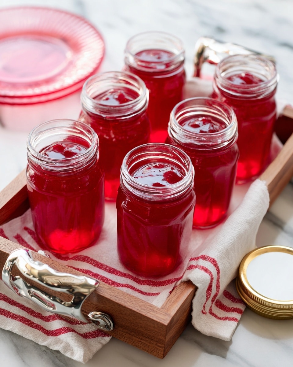 Five small glass jars filled with bright red jam are arranged on a white dish towel with a red stripe pattern. The jars sit inside a wooden tray with silver handles on a white marbled surface. Three gold and white jar lids are placed nearby on the tray. A clear pink glass plate is partially visible on the left side. photo taken with an iphone --ar 4:5 --v 7