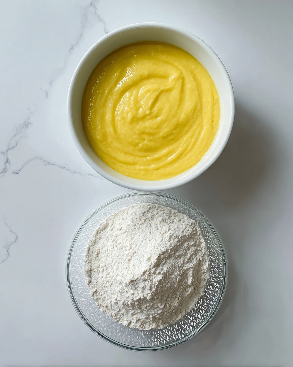 Two bowls are shown from above on a white marbled surface. The top bowl is white and filled with a yellow, smooth and slightly lumpy sauce or puree, while the bottom bowl is clear glass with a textured pattern, holding white flour with some small cracks. The bowls are stacked vertically with a clear space between them. photo taken with an iphone --ar 4:5 --v 7