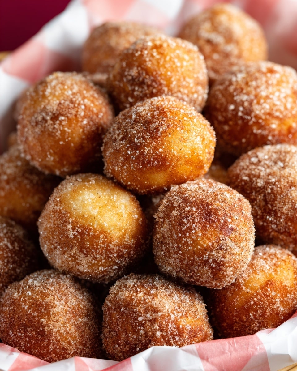 A close-up view of many round donut holes coated fully in a layer of cinnamon sugar, giving a rough, grainy texture in shades of brown and tan. They are piled tightly together on white and red checkered paper, which lines a basket just visible at the edges. The donut holes show slight color variation from light golden yellow to deeper golden brown, highlighting their fried texture. The background is soft and out of focus with the food taking full attention. photo taken with an iphone --ar 4:5 --v 7