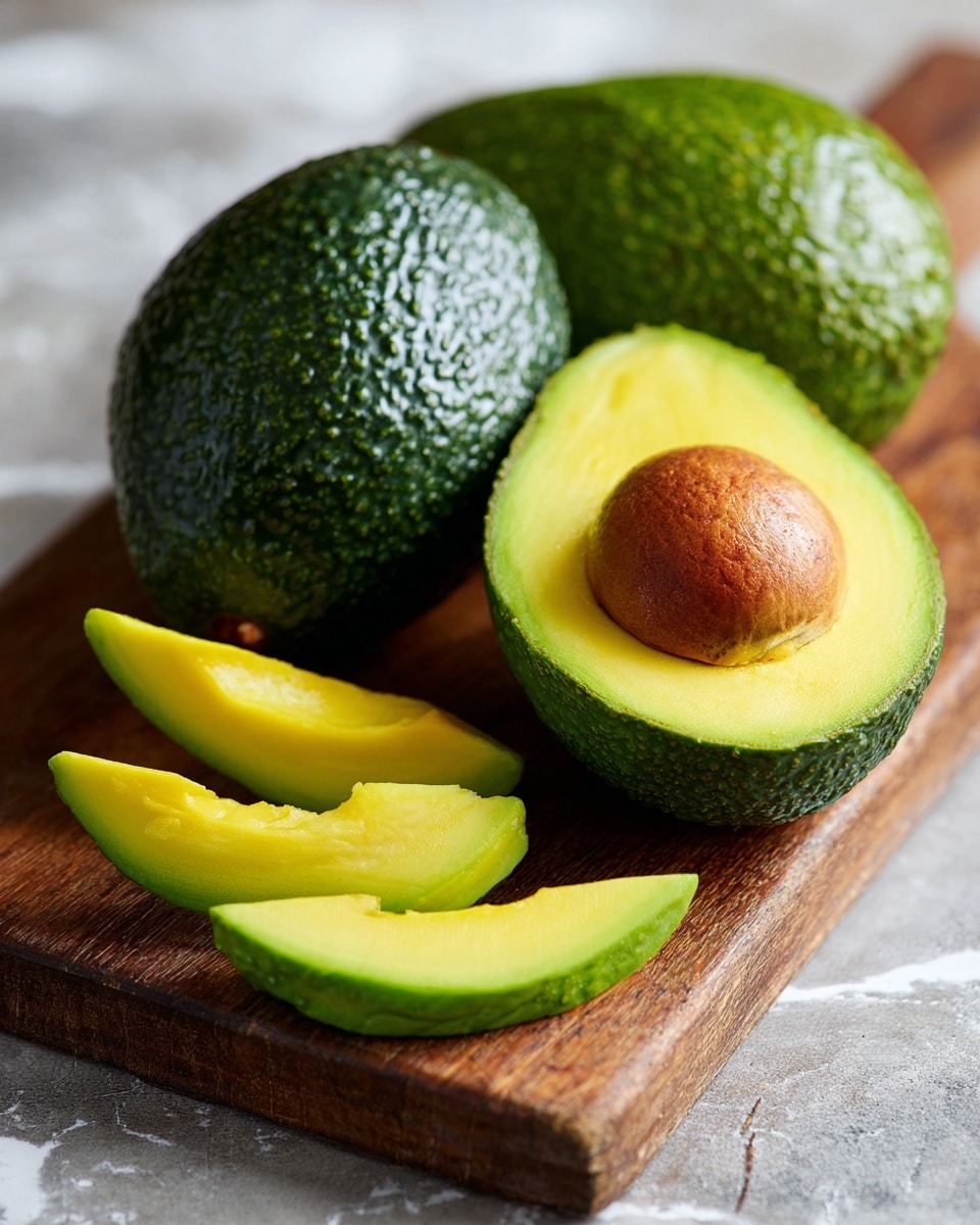 The image shows one whole dark green avocado with a bumpy texture, placed on a wooden cutting board with a white marbled texture in the background. Next to it are two halves of the avocado: one half has its seed removed, revealing smooth yellow-green flesh inside, and the other half is sliced into two thick slices with their dark skin still on. There is also a piece of avocado skin peeled off and lying flat on the board. The lighting highlights the creamy texture of the flesh against the rough outer skin. Photo taken with an iphone --ar 4:5 --v 7
