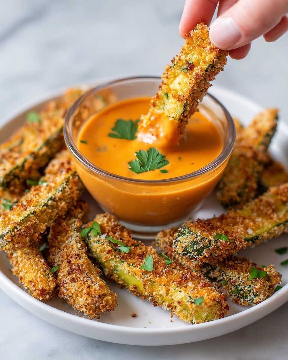A clear glass bowl holds smooth, light orange sauce with a glossy texture, topped with two green parsley leaves for garnish. Around the bowl, several long avocado fries are arranged on a white plate, each fry coated with a golden, crumbly crust and showing hints of green avocado inside. One fry is held by a woman's hand, dipping into the sauce, showing the crunchy texture of the coating in detail. The scene sits on a white marbled surface. Photo taken with an iphone --ar 4:5 --v 7