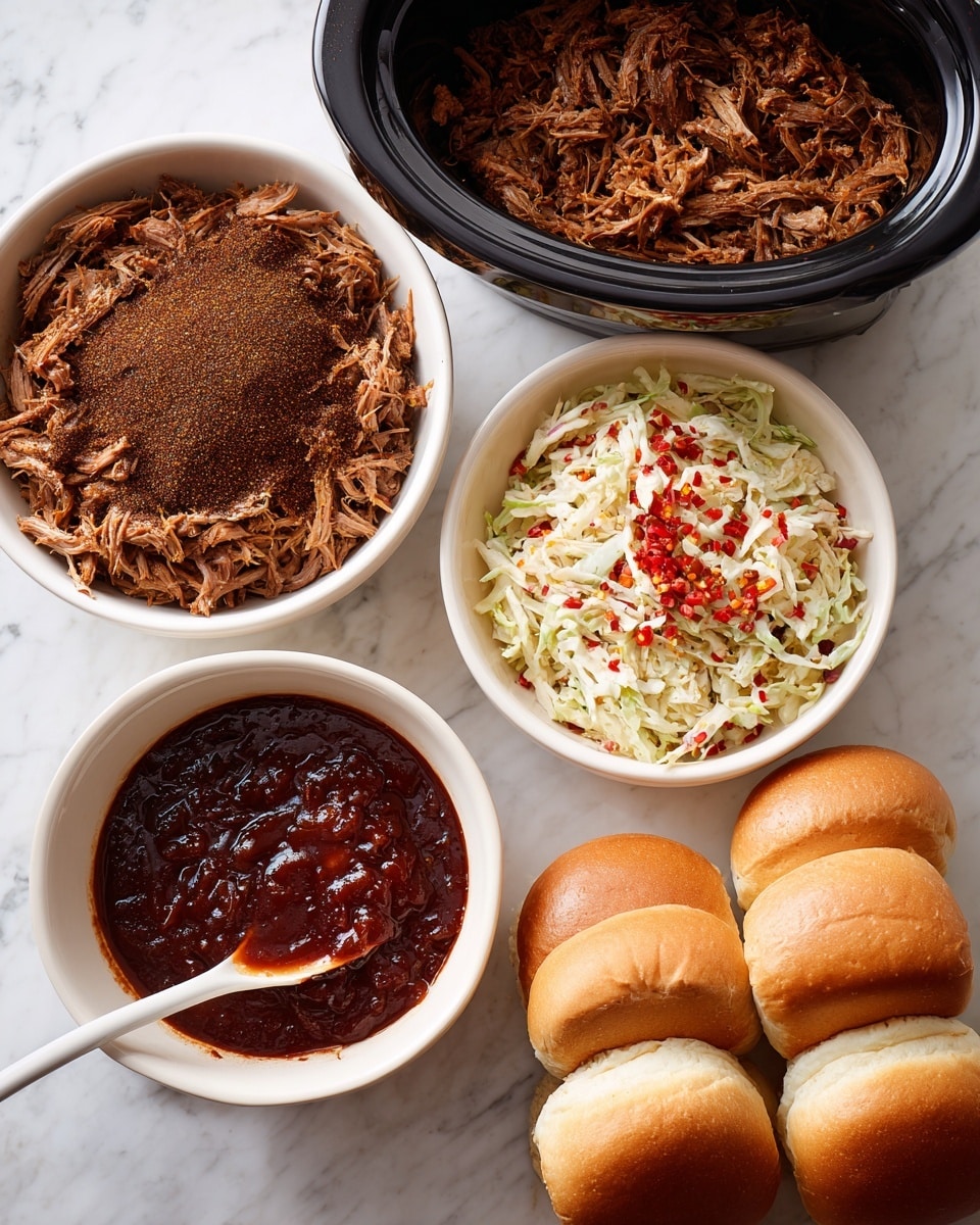 The image shows a step-by-step process and final result of pulled meat sandwiches. The first layer is raw meat covered with a dark brown dry seasoning, sitting on a white marbled surface. The second layer shows the same meat, now inside a black slow cooker, still covered with seasoning. The third layer is a white bowl filled with shredded brown cooked meat mixed with small red chili flakes. The fourth layer features a small white bowl filled with thick, dark red barbecue sauce with visible chunks, and a white spoon resting inside. The final layer shows a stack of several white sandwich buns filled with the shredded meat and topped with coleslaw made from shredded cabbage and carrots, all placed on a white marbled surface. Each stage shows clear textures, colors, and positions of the food items. Photo taken with an iphone --ar 4:5 --v 7