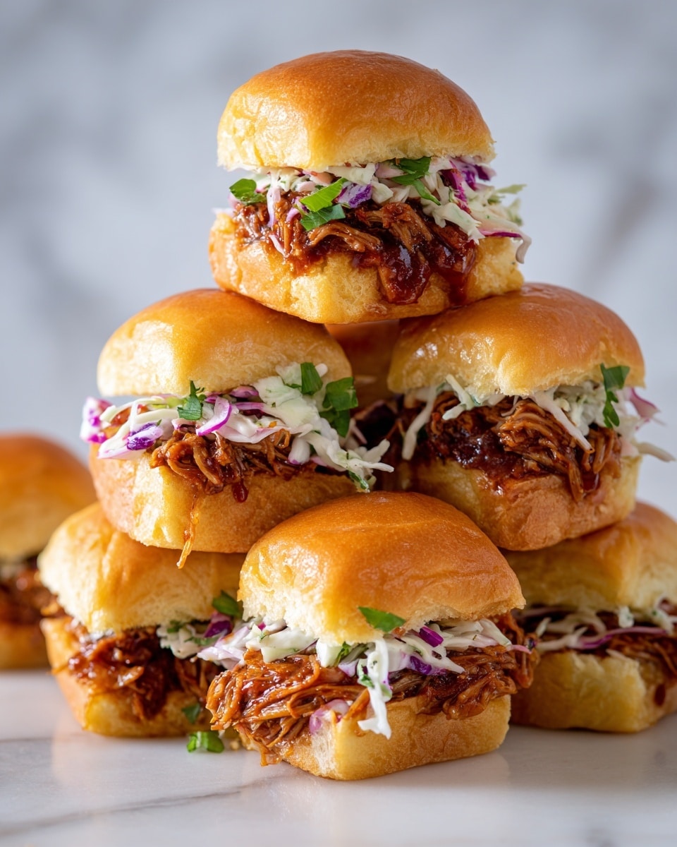 The image shows a pyramid of soft golden sliders stacked closely together on a white marbled surface. Each slider consists of three layers: the top layer is a smooth, fluffy golden bun, the middle layer is a dark, saucy shredded meat with a glossy texture, and the bottom layer is a fresh coleslaw with thinly sliced white and purple cabbage adding a crisp look. The sliders sit tightly in a group, with the shiny meat peeking out from beneath the buns and the colorful coleslaw spilling slightly from the sides. The lighting highlights the warm tones of the buns and the vibrant colors of the coleslaw, creating an inviting look. photo taken with an iphone --ar 4:5 --v 7
