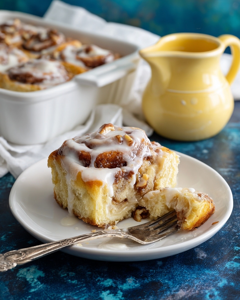 On a white plate, there are two square pieces of a cinnamon roll-like pastry stacked slightly unevenly, with a shiny layer of white icing drizzled over the top, showing bits of nuts and cinnamon filling in the textured brown swirls inside. A third piece of the pastry is on the side with a bite taken out, revealing the soft, light yellow inside. A silver, ornate fork is resting next to the pastry, partly on the plate. The plate is on a dark blue surface with a white marbled texture, near a yellow cream pitcher and a white baking dish filled with more of the same pastry in the upper left corner. The overall look is cozy and inviting, with a mix of creamy white, golden brown, and soft yellow colors. photo taken with an iphone --ar 4:5 --v 7