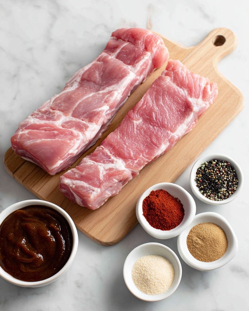 Two long, raw pale pink pieces of pork meat lie flat on a wooden cutting board placed on a white marbled surface. Below the board, there are two white bowls; the larger bowl on the right holds six separate piles of spices in red, dark red, light beige, white, black, and brown colors arranged in a circle, while the smaller bowl on the left contains a thick dark brown sauce. The setting is clean and bright, showing the ingredients clearly for cooking. photo taken with an iphone --ar 4:5 --v 7