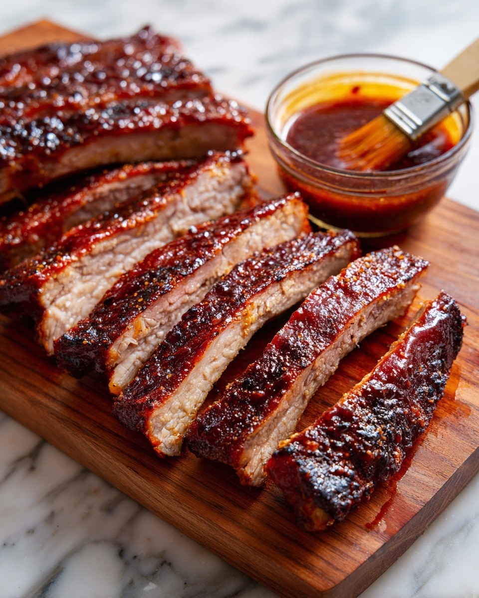 A wooden board holds several thick slices of ribs with a dark reddish-brown sauce glazed on top. The ribs show a slightly crispy, charred texture with visible meat layers inside that look tender and juicy. To the right of the sliced ribs, there's a small clear glass bowl filled with a rich, glossy reddish-brown sauce. Part of a white brush with a reddish-brown sauce on its bristles leans against the board near the bowl. The background features a white marbled texture. Photo taken with an iphone --ar 4:5 --v 7
