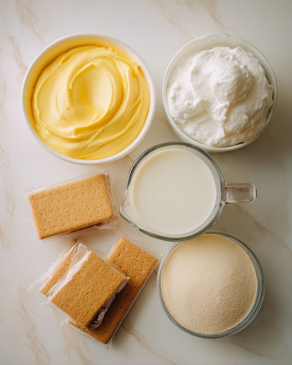The image shows various dessert ingredients placed on a white marbled surface. There is a white container filled with smooth, bright yellow lemon frosting positioned at the top left. Below it, a white bowl holds fluffy, white whipped topping with a slightly textured surface. To the right of the lemon frosting, a clear glass measuring cup contains white milk, its surface smooth and even. Below the milk, two small brown paper packets hold light beige instant lemon pudding and white instant vanilla pudding powders, each showing a fine, powdery texture. At the bottom of the scene, there are several rectangular graham crackers with a light tan color and a slightly rough texture, still partially wrapped in clear plastic. photo taken with an iphone --ar 4:5 --v 7