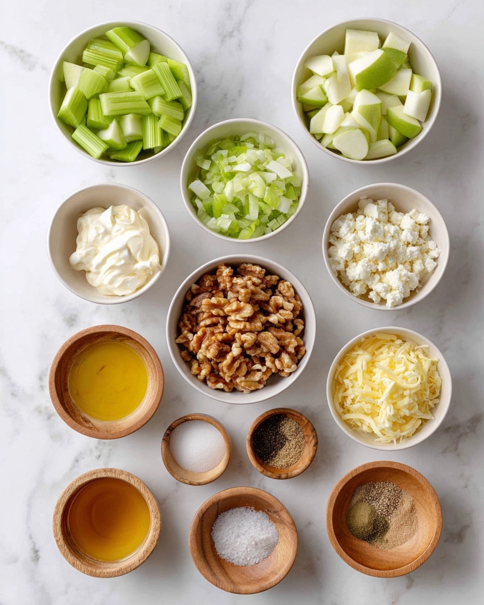 Nine small white bowls and three small wooden bowls are set on a white marbled surface, each filled with different ingredients. From top left to right: bright green sliced celery, pale green diced green apple, and white creamy mayonnaise. In the middle row from left to right: chopped dark green onion, shredded light beige chicken, and light to medium brown crushed walnuts. The bottom row holds yellow Dijon mustard, golden honey, and a small wooden bowl with black pepper. Lastly, the three wooden bowls at the bottom contain pale yellow lemon juice, light brown garlic powder, and white salt. The image is bright with soft lighting, showing clean and fresh ingredients clearly spaced apart. Photo taken with an iphone --ar 4:5 --v 7
