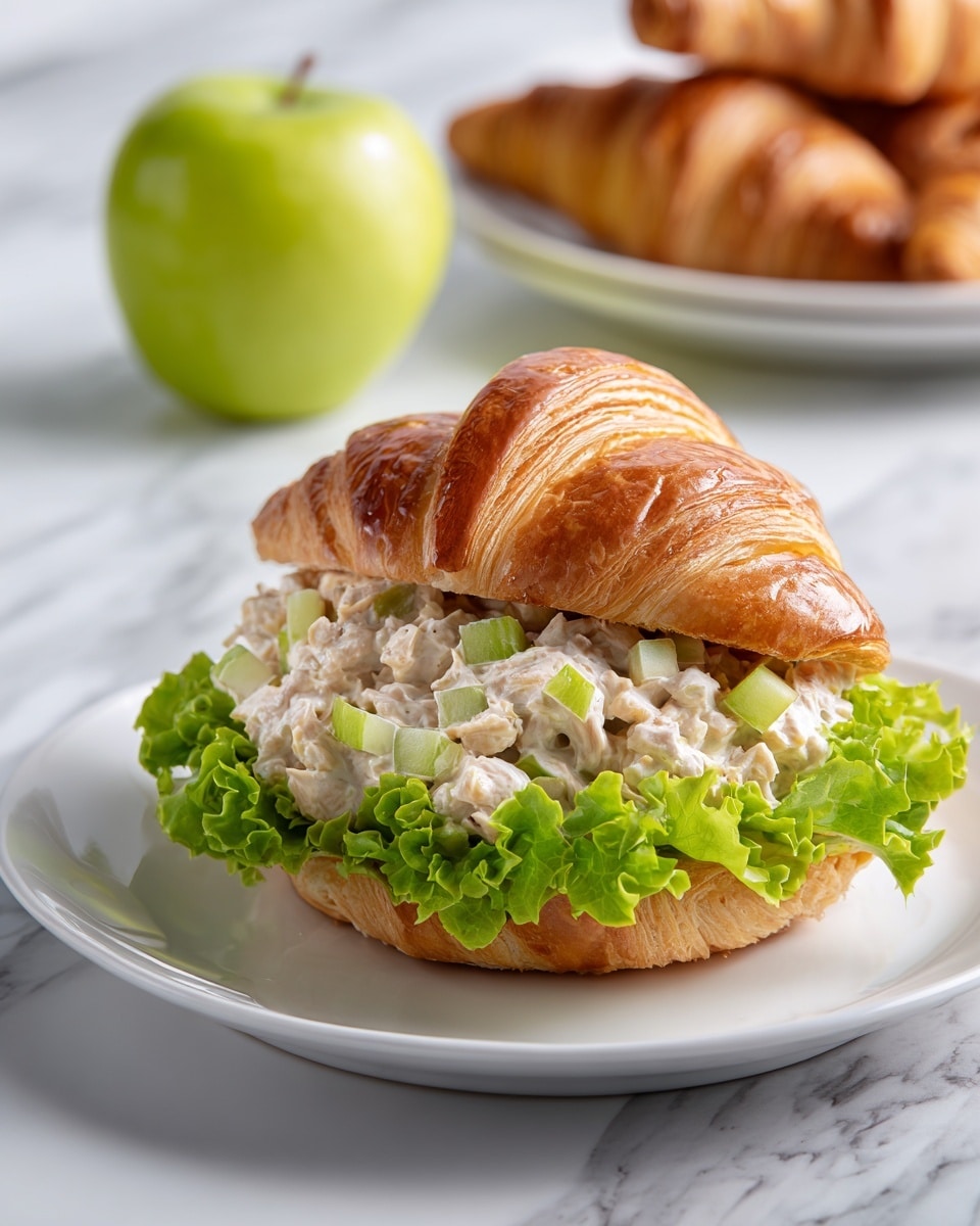A white plate holds a sandwich with three layers: at the bottom, fresh green leaf lettuce with rough edges; in the middle, a creamy chicken salad mixed with small chunks of light green celery and pale pieces of apple, giving a mix of smooth and chunky textures; and on top, a glossy, golden-brown croissant bun with a slightly crisp surface and soft inside. In the background, there is a whole bright green apple and another white plate with more croissants, all set against a white marbled surface. photo taken with an iphone --ar 4:5 --v 7